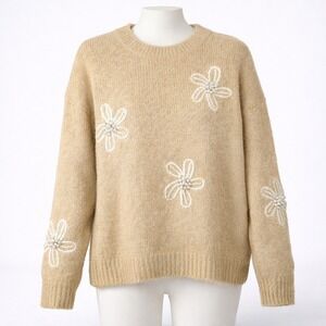 Wool Tan Knit Sweater Pearl Flower Crewneck L Cottagecore Boho Indie Whimsy Twee